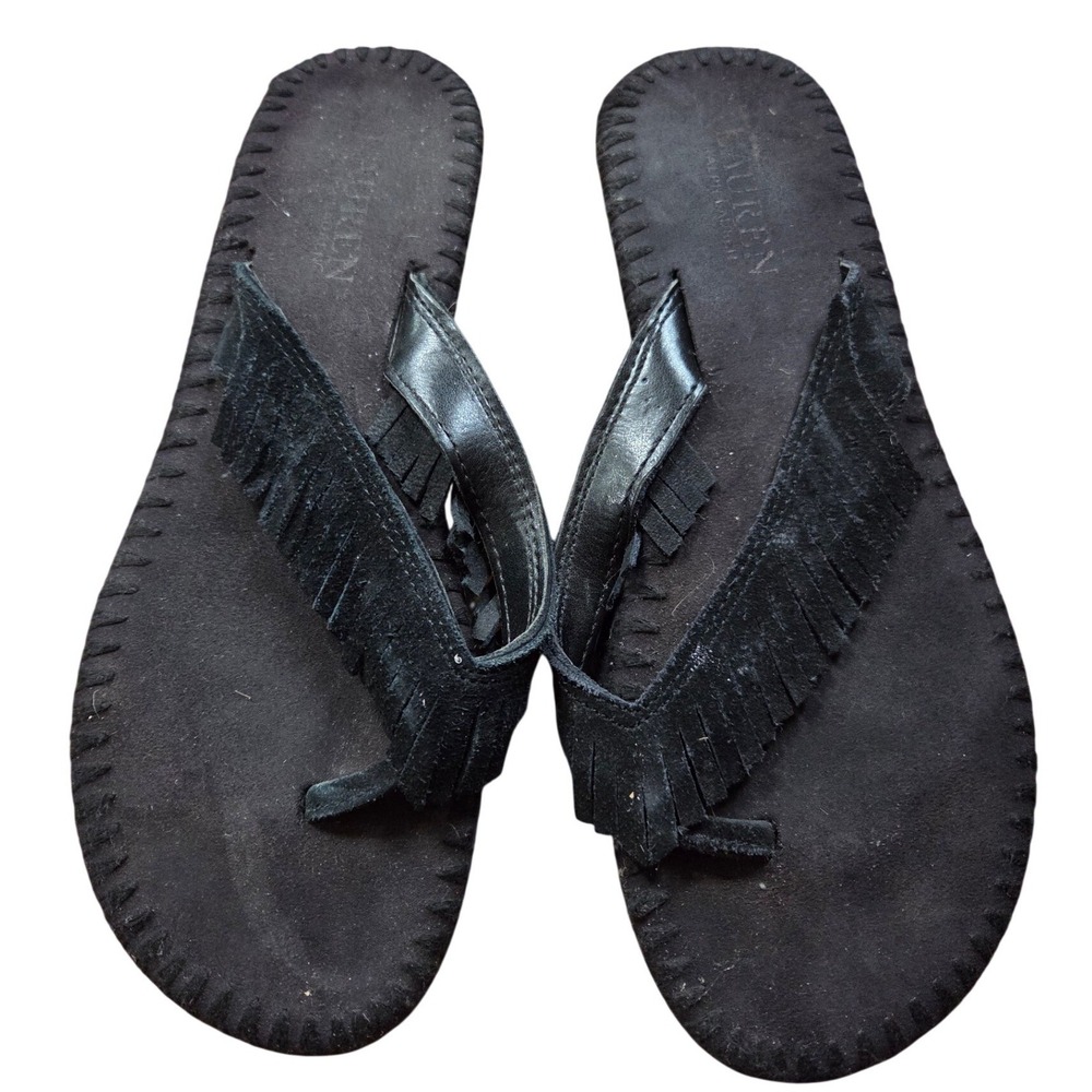 Ralph Lauren Womens Black Suede Fringe Flip Flop Thong Sandals Whipstitch Size 7